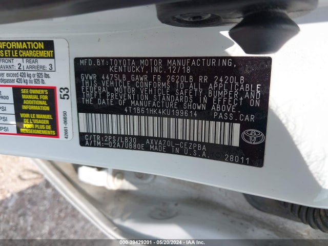 Toyota CAMRY XSE 2019 4T1B61HK4KU199614 Image 9