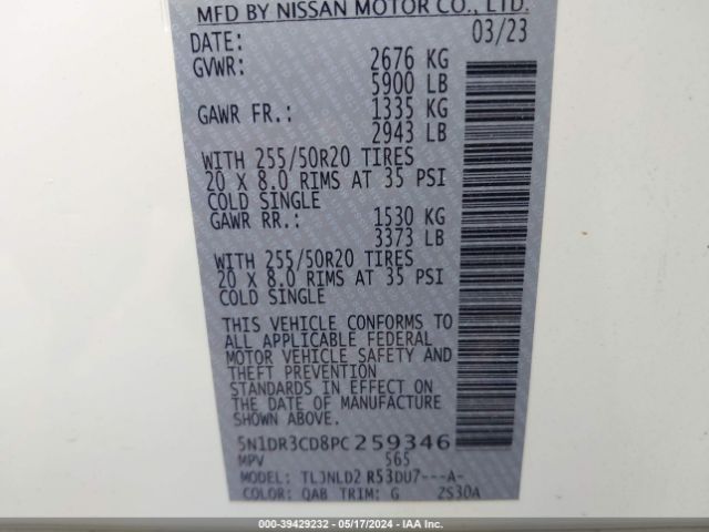 5N1DR3CD8PC259346 Nissan Pathfinder Sl 4wd