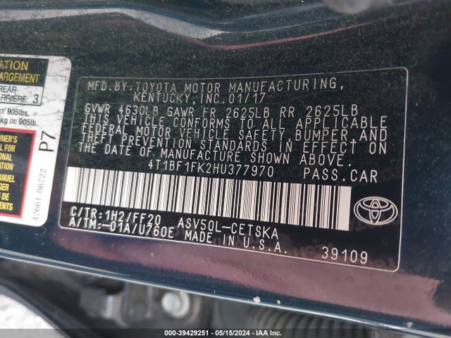 Toyota CAMRY SE 2017 4T1BF1FK2HU377970 Image 9