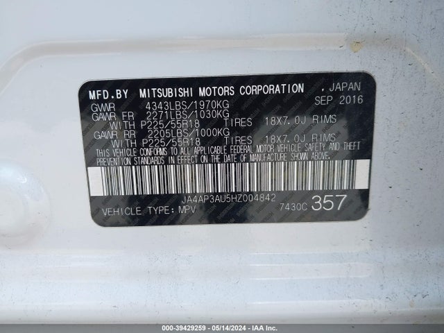 JA4AP3AU5HZ004842 Mitsubishi Outlander Sport 2.0 Es