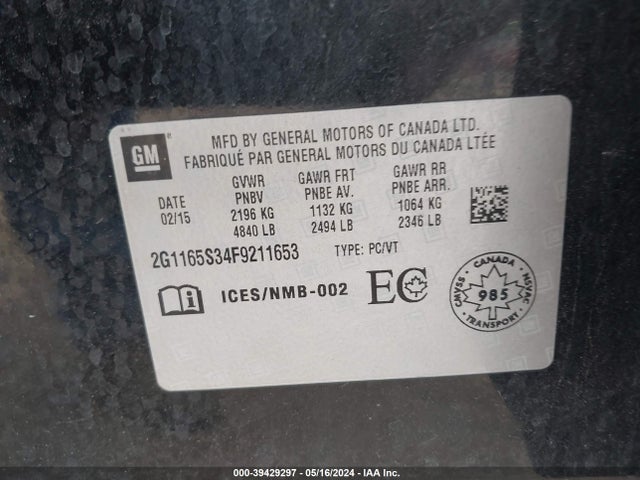 Chevrolet IMPALA 2LZ 2015 2G1165S34F9211653 Image 9