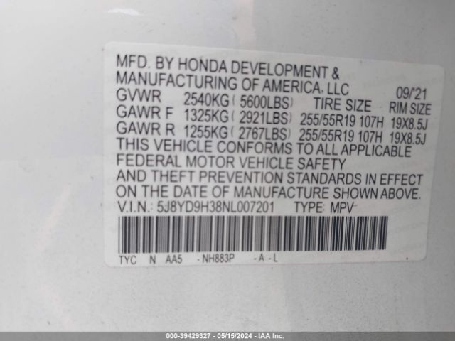 5J8YD9H38NL007201 Acura Mdx Standard