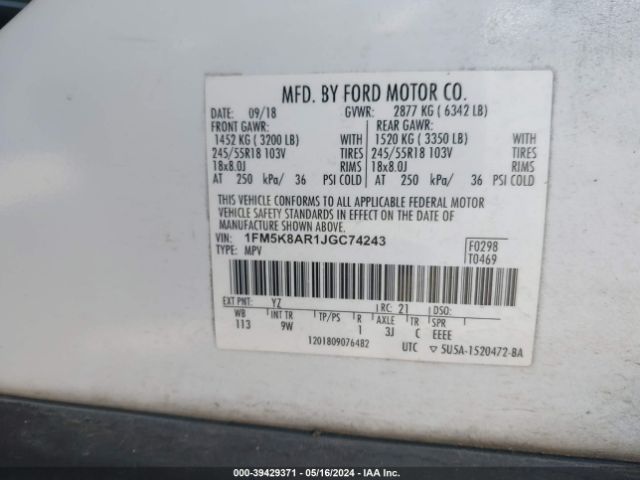 1FM5K8AR1JGC74243 Ford Police Interceptor Utility