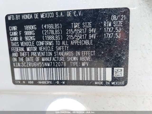3CZRU6H55NM712078 Honda Hr-v Awd Ex