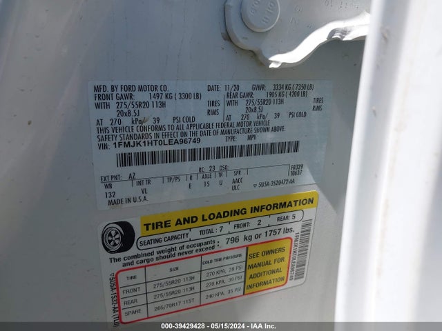 Ford Expedition Xlt Max 2020 1FMJK1HT0LEA96749 Image 9