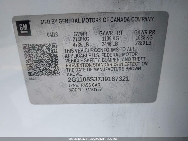Chevrolet IMPALA 1LT 2018 2G1105S37J9167321 Image 9