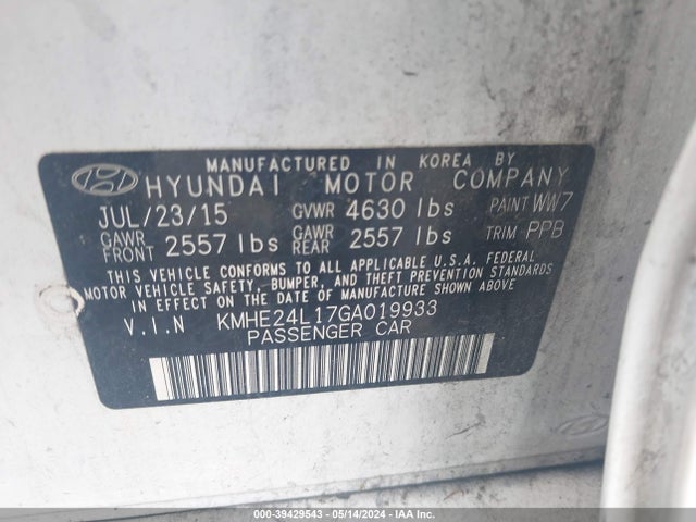 Hyundai Sonata Hybrid Se 2016 KMHE24L17GA019933 Image 9