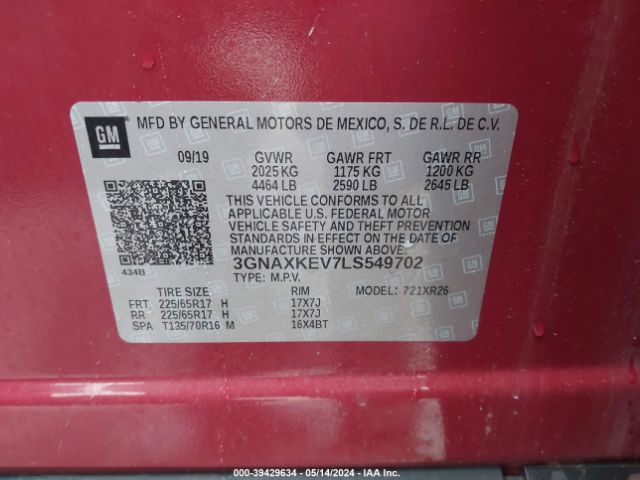 3GNAXKEV7LS549702 Chevrolet Equinox Fwd Lt 1.5l Turbo