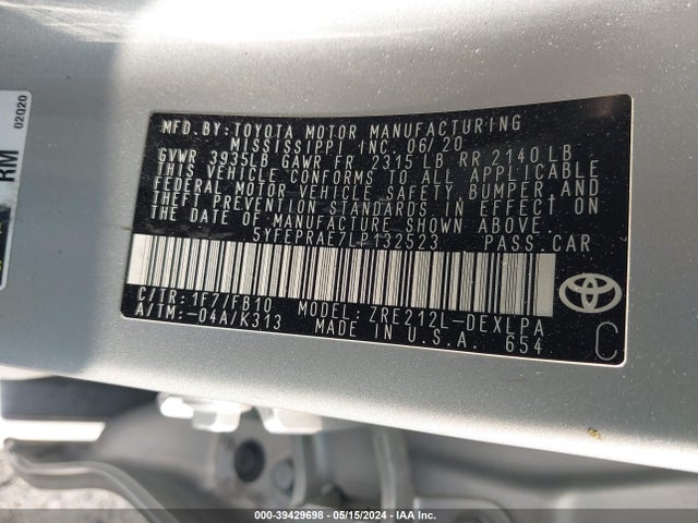 Toyota COROLLA LE 2020 5YFEPRAE7LP132523 Image 9