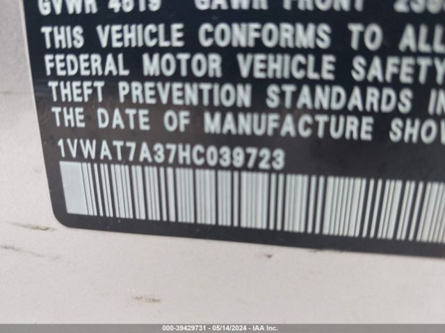 1VWAT7A37HC039723 Volkswagen Passat 1.8t S