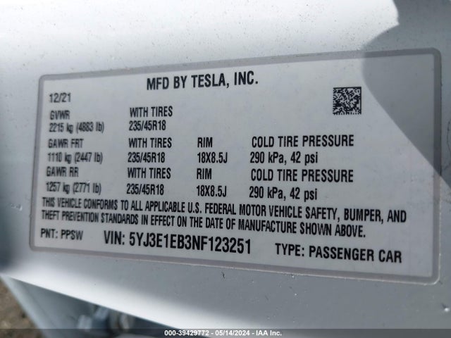 5YJ3E1EB3NF123251 Tesla Model 3 Long Range Dual Motor All-wheel Drive