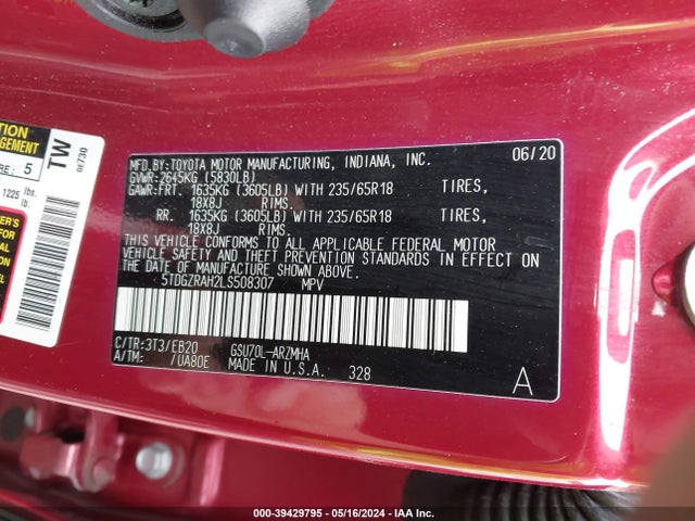 Toyota Highlander Xle 2020 5TDGZRAH2LS508307 Image 9
