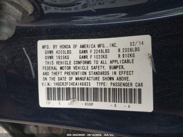 Продаж на аукціоні авто 2014 Honda Accord Lx, vin: 1HGCR2F34EA146825, номер лоту: 39429800