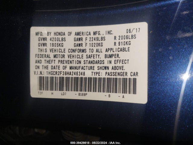 Honda ACCORD LX 2017 1HGCR2F38HA246348 Image 9