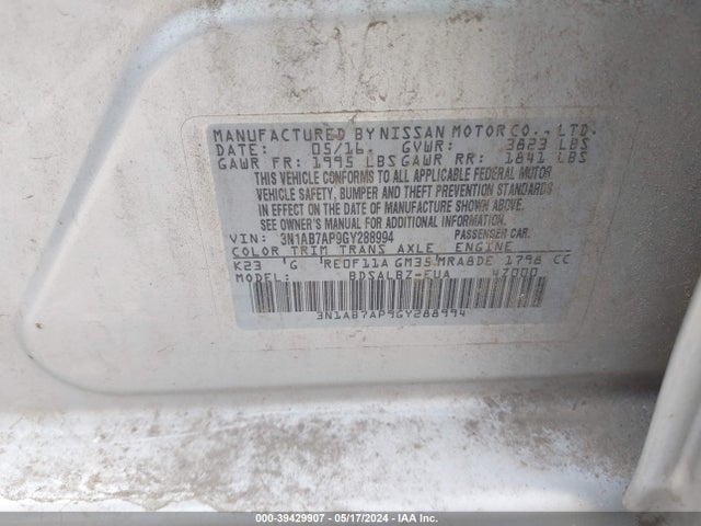 Nissan SENTRA S 2016 3N1AB7AP9GY288994 Image 9