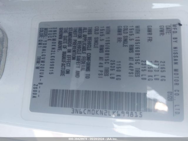 3N6CM0KN2LK699815 Nissan Nv200 Compact Cargo Sv Xtronic Cvt