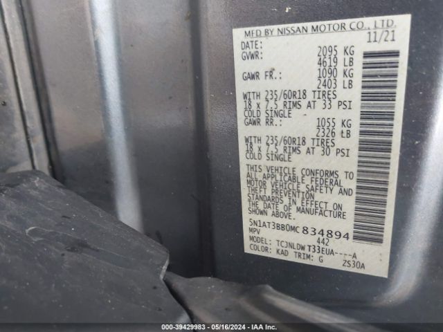 5N1AT3BB0MC834894 Nissan Rogue Sv Intelligent Awd