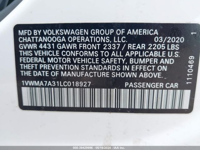 1VWMA7A31LC018927 Volkswagen Passat 2.0t R-line