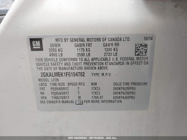 GMC Terrain Sle-1 2015 2GKALMEK1F6194782 Image 9