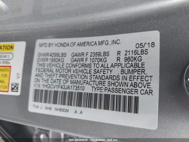 1HGCV1F43JA173510 Honda ACCORD EX