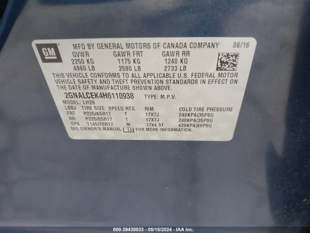 Chevrolet EQUINOX LT 2017 2GNALCEK4H6110938 Image 9