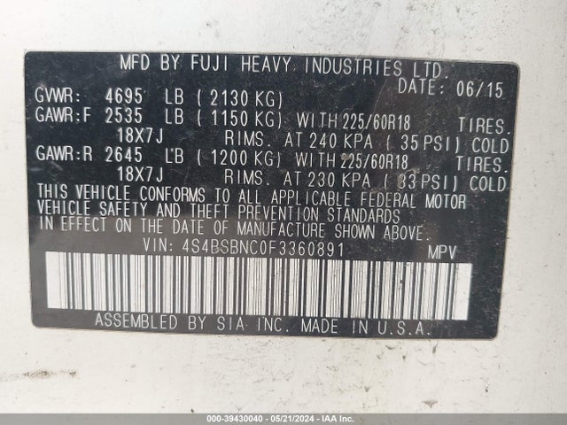 Subaru Outback 2.5i Limited 2015 4S4BSBNC0F3360891 Image 9
