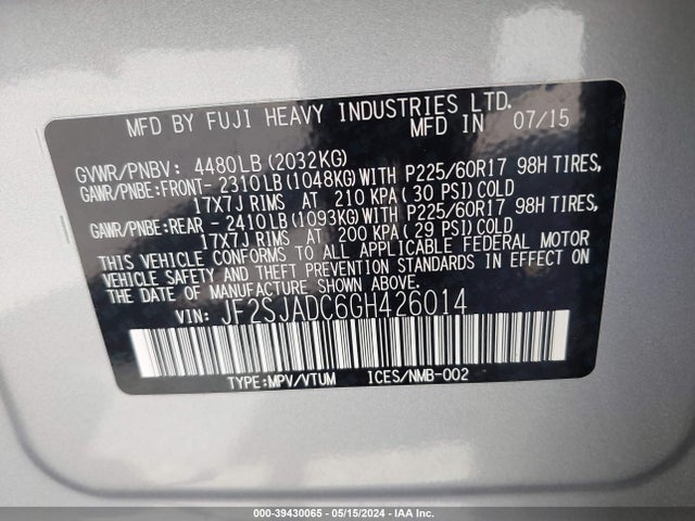 Subaru naturally aspirated u5 2016 JF2SJADC6GH426014 Image 9