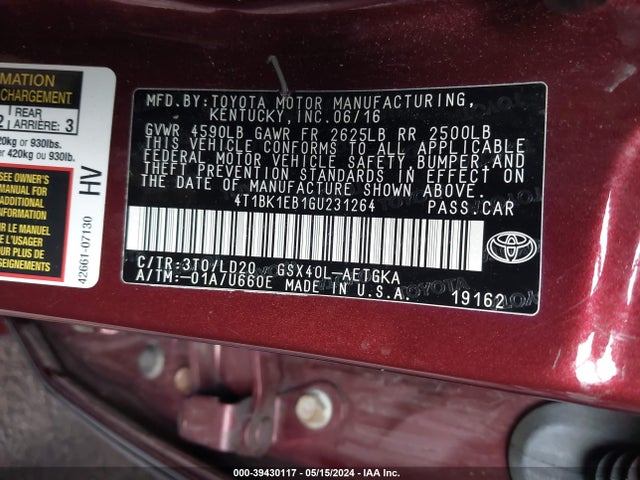 Toyota AVALON XLE 2016 4T1BK1EB1GU231264 Image 9