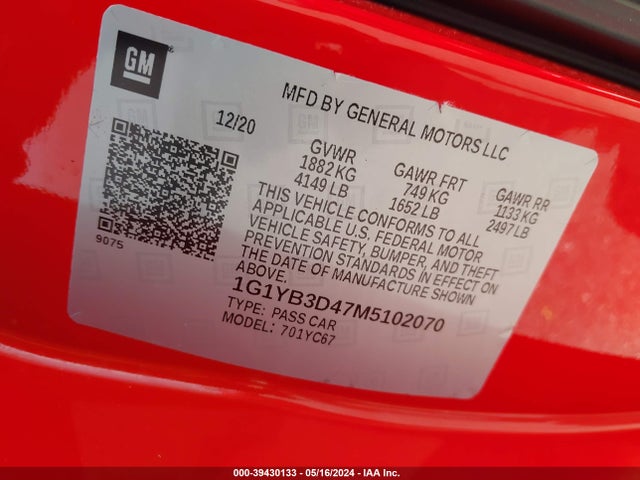 Chevrolet Corvette Stingray Rwd  2lt 2021 1G1YB3D47M5102070 Image 9