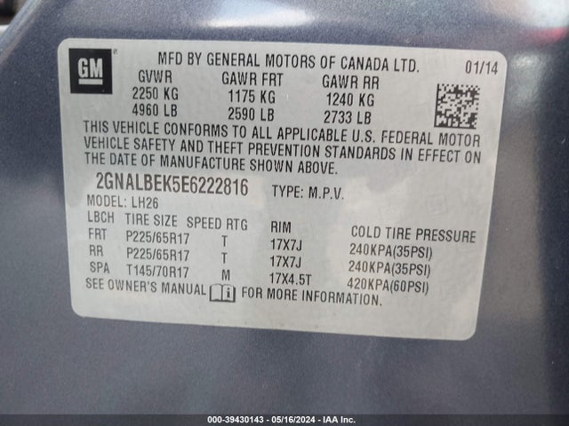Chevrolet EQUINOX 1LT 2014 2GNALBEK5E6222816 Image 9