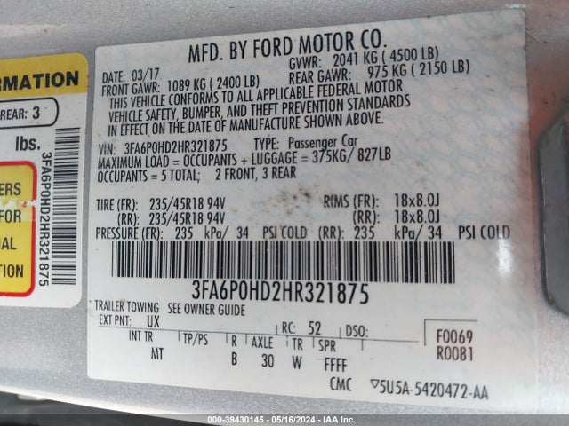 Ford FUSION SE 2017 3FA6P0HD2HR321875 Image 9