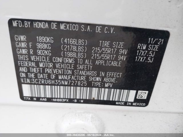 3CZRU6H35NM727825 Honda Hr-v Awd Lx