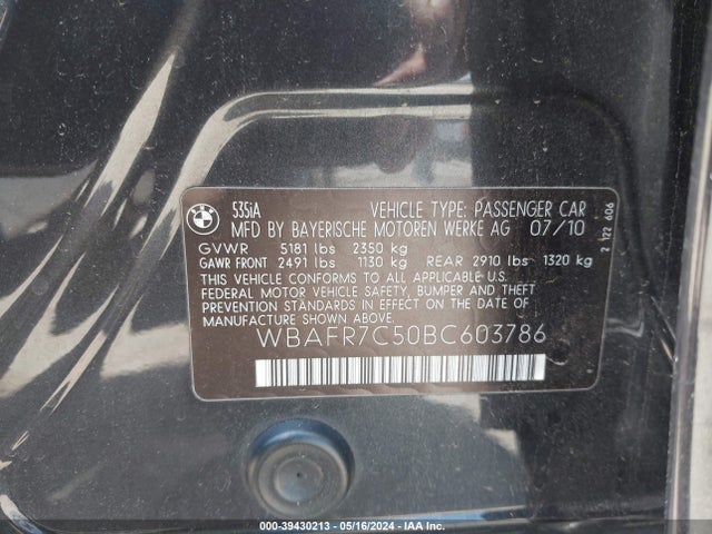 2011 Bmw 535i მანქანა იყიდება აუქციონზე, vin: WBAFR7C50BC603786, აუქციონის ნომერი: 39430213
