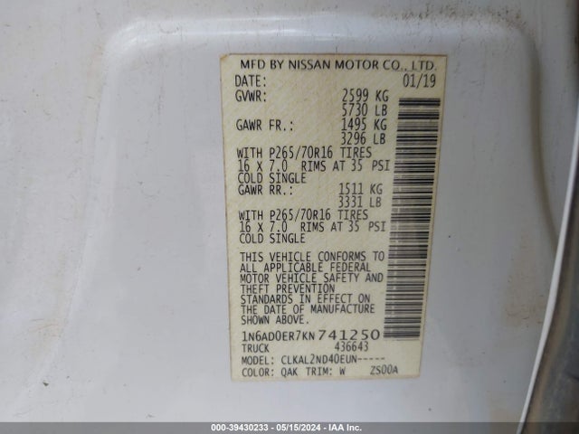 Nissan Frontier Sv 2019 1N6AD0ER7KN741250 Image 9