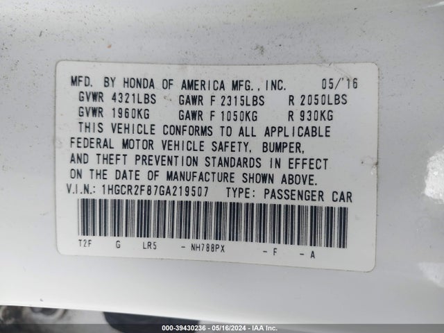Honda Accord Ex-l 2016 1HGCR2F87GA219507 Image 9