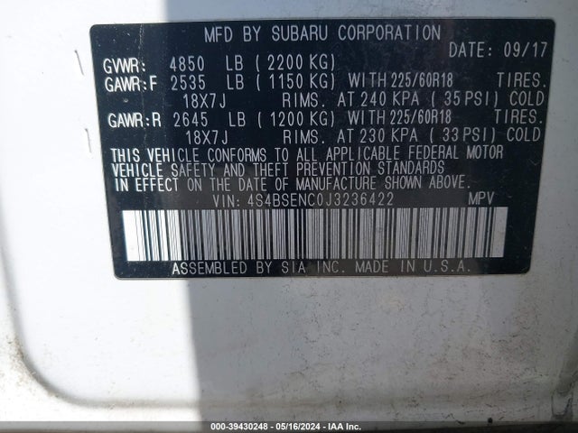 Subaru Outback 3.6r Limited 2018 4S4BSENC0J3236422 Image 9