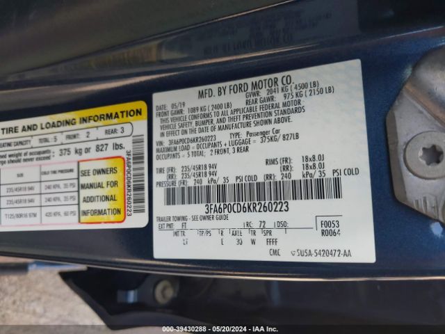 3FA6P0CD6KR260223 Ford FUSION SEL