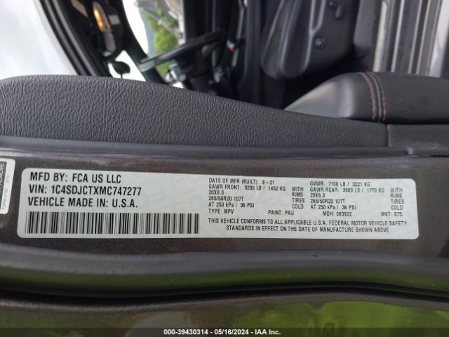 1C4SDJCTXMC747277 Dodge Durango R/t Awd