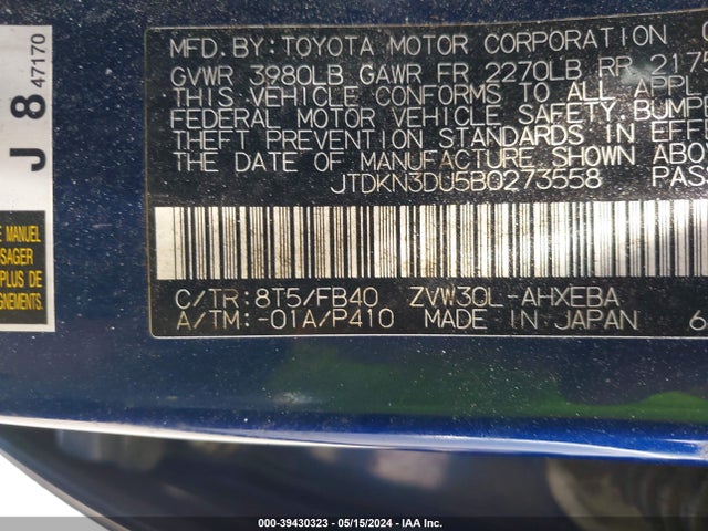 39430323 :رقم المزاد ، JTDKN3DU5B0273558 vin ، 2011 Toyota Prius Three مزاد بيع