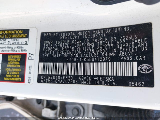 4T1BF1FK5EU412979 Toyota Camry L/le/se/se Sport/xle