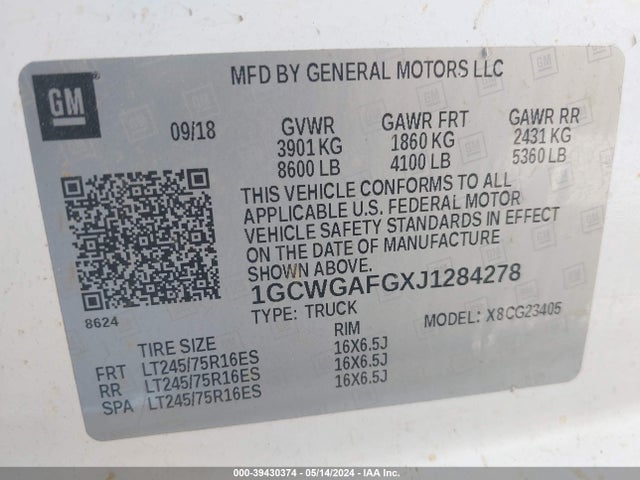 Chevrolet Express 2500 Work Van 2018 1GCWGAFGXJ1284278 Image 9