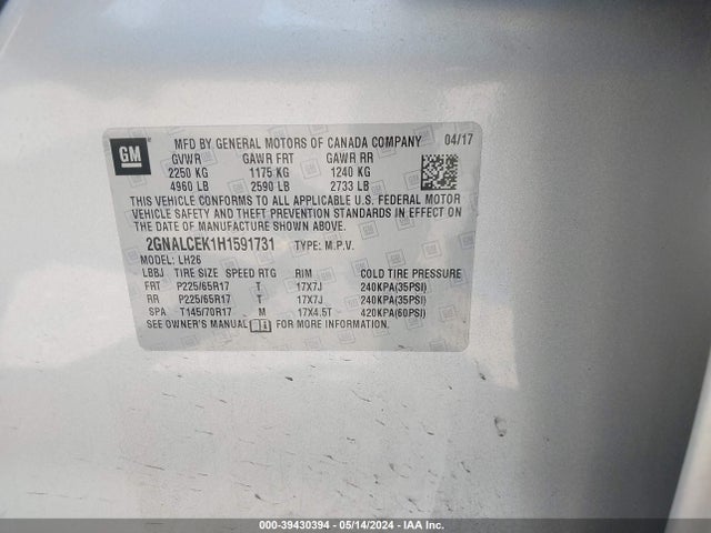 Chevrolet EQUINOX LT 2017 2GNALCEK1H1591731 Image 9