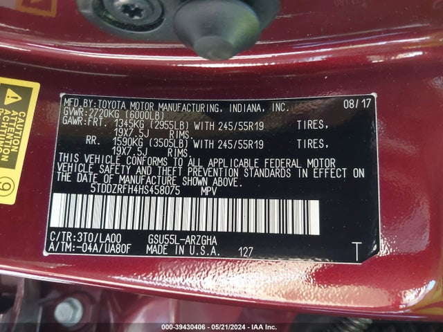 Toyota Highlander Limited Platinum 2017 5TDDZRFH4HS458075 Image 9