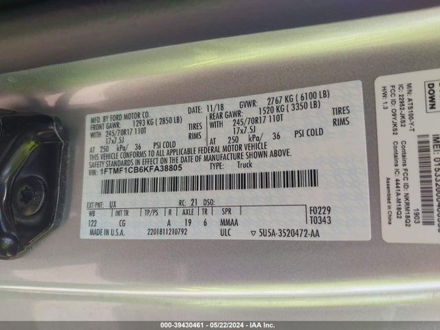 Ford F-150 Xl 2019 1FTMF1CB6KFA38805 Image 9