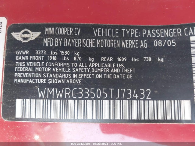 2005 MINI COOPER WMWRC33505TJ73432 Photo 8
