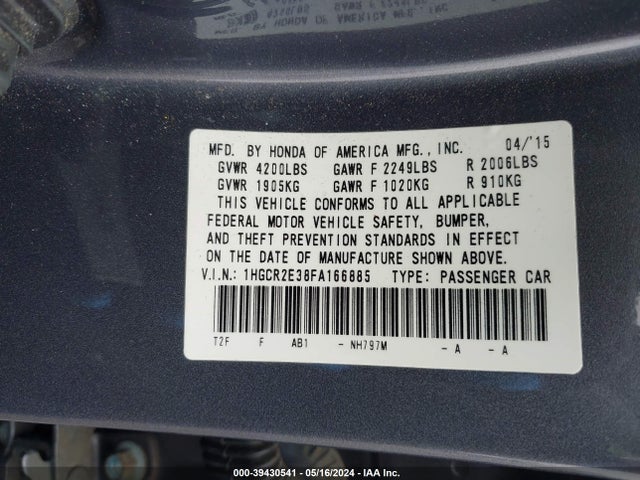 Honda ACCORD LX 2015 1HGCR2E38FA166885 Image 9