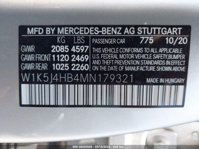 W1K5J4HB4MN179321 Mercedes-Benz CLA 250 4MATIC