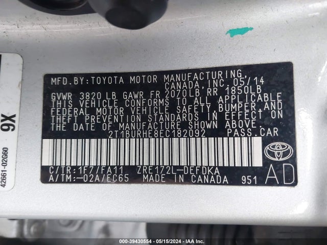 Toyota COROLLA L 2014 2T1BURHE8EC182092 Image 9