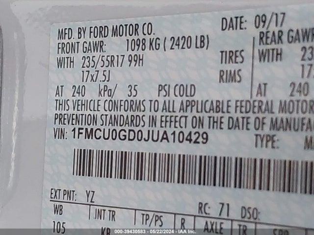 Ford ESCAPE SE 2018 1FMCU0GD0JUA10429 Image 9