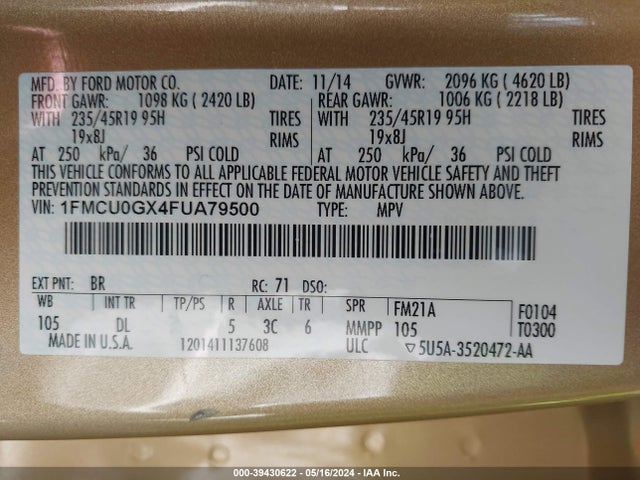 Ford ESCAPE SE 2015 1FMCU0GX4FUA79500 Image 9
